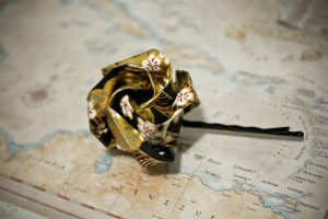 Black and Gold Sakura Print Origami Rose Hair Pin