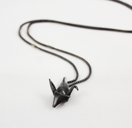 Handmade_Black_Silver_origami_Crane_Necklace_Antique_patina_1